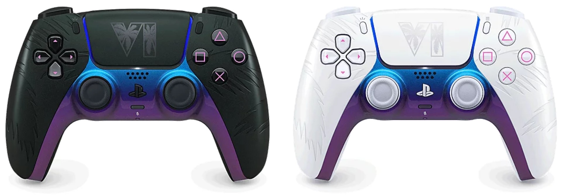 The two limited-edition GTA 6 DualSense controllers in black and white