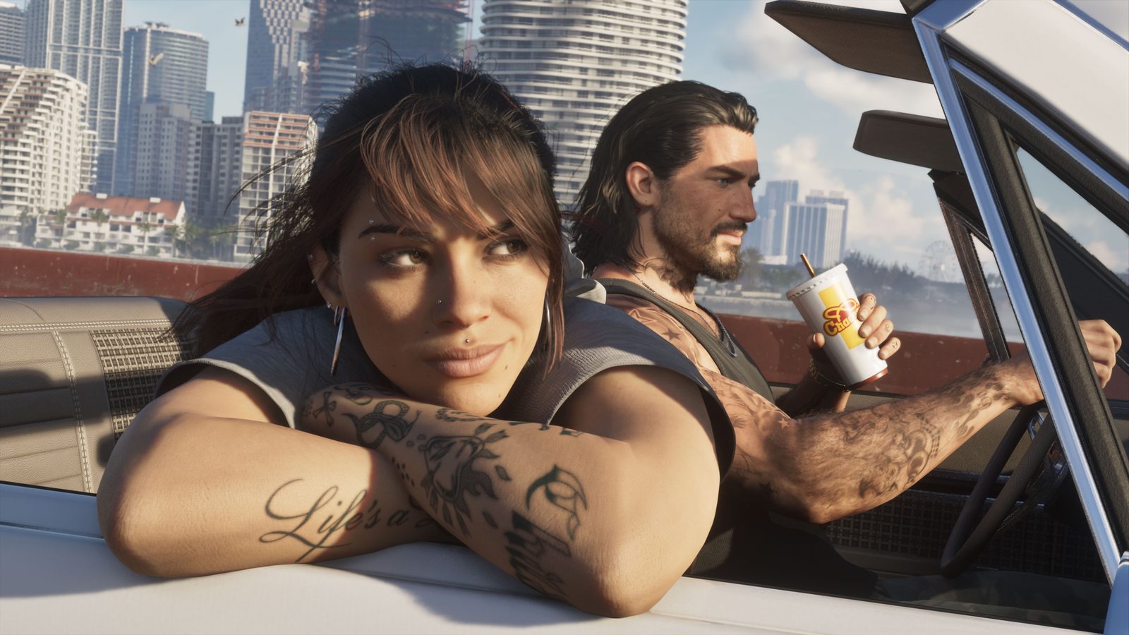 Two characters relaxing in a convertible with the Vice City skyline behind them