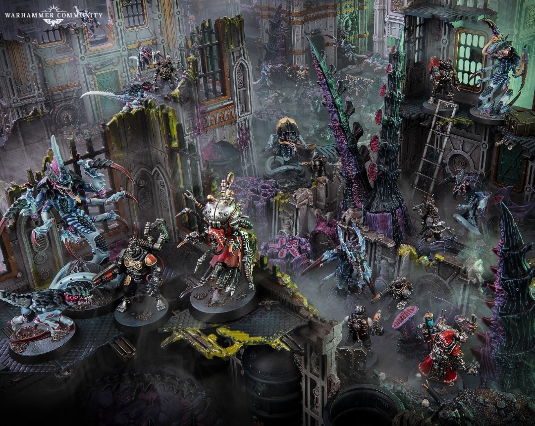 Kill Team operatives from several factions fighting through ruins and a ladder
