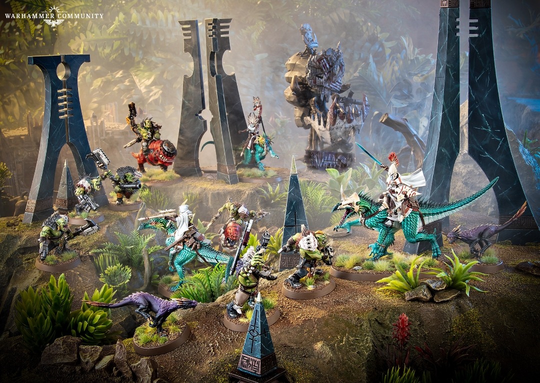 Exodite Dragon Masters on raptor mounts fighting Ork operatives in a jungle