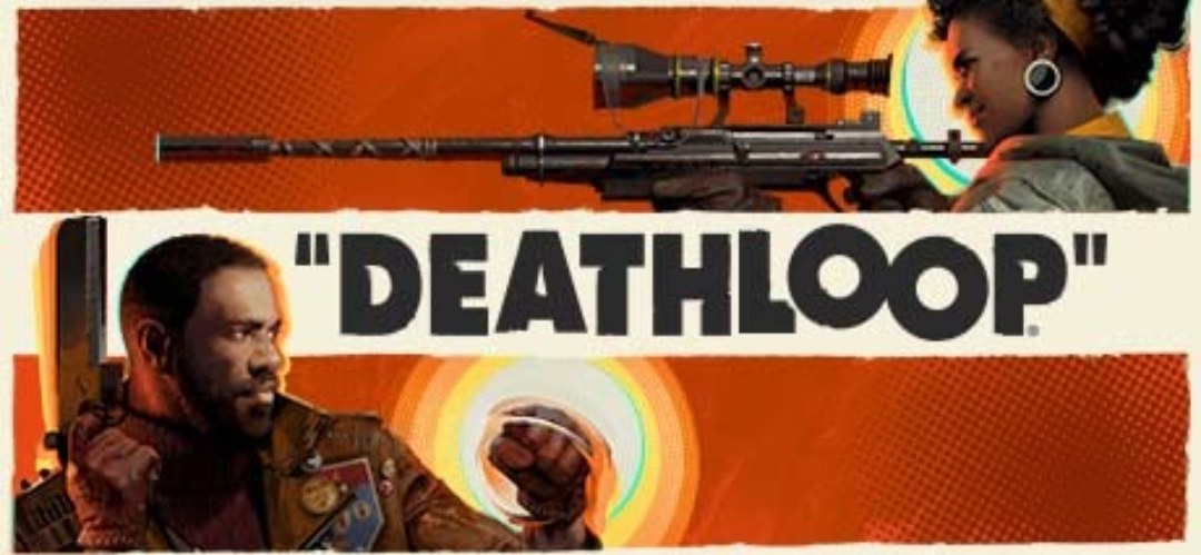 Deathloop key art: the two rival assassins Colt and Julianna with the Deathloop logo
