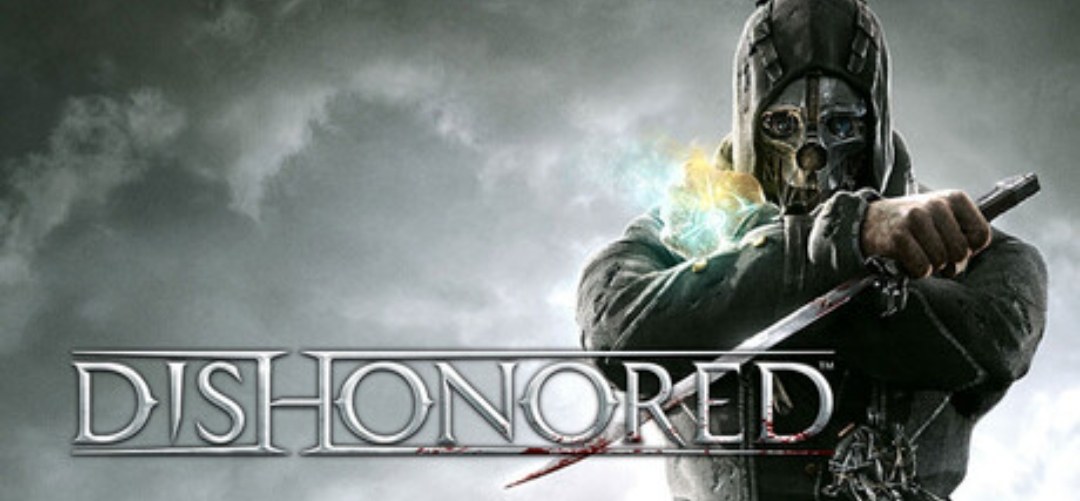 Dishonored key art: Corvo in his skull mask holding a blade, with the Dishonored logo