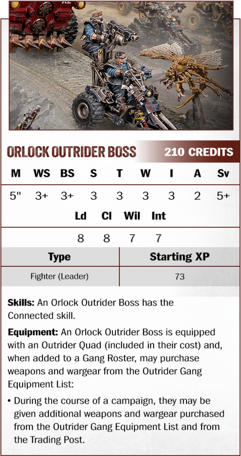 Orlock Outrider Boss datacard, 210 credits, on an Outrider Quad