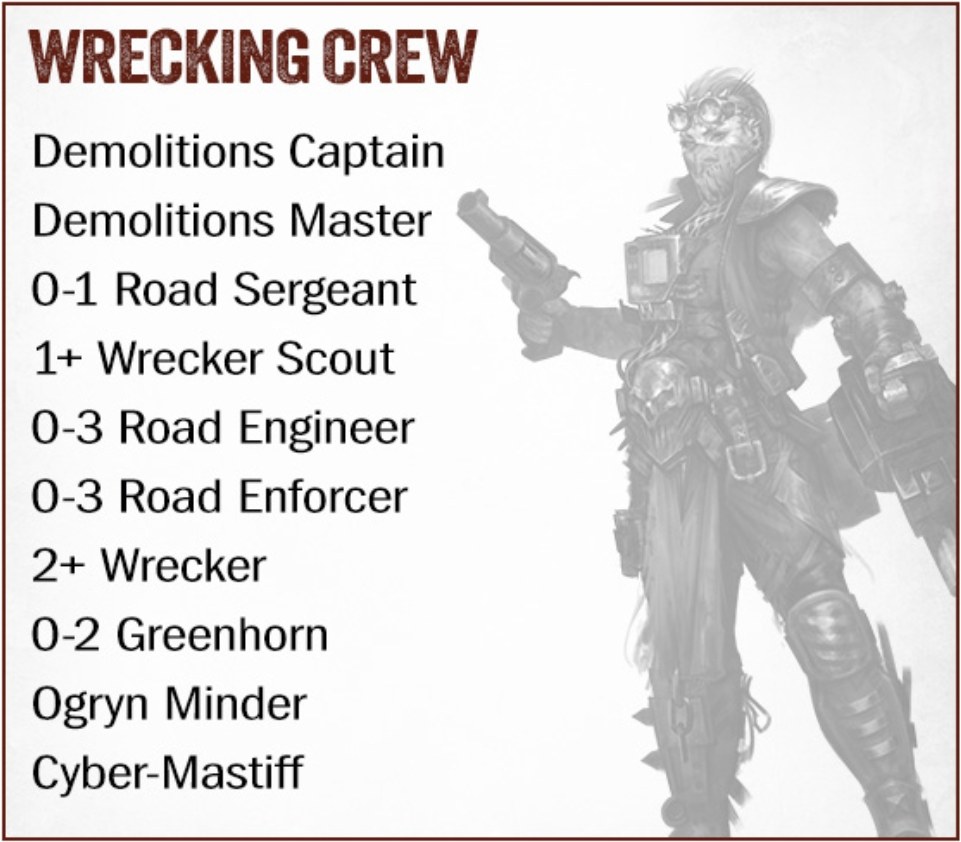 Wrecking Crew list: Demolitions Captain, Demolitions Master, 0-1 Road Sergeant, 1+ Wrecker Scout, 0-3 Road Engineer, 0-3 Road Enforcer, 2+ Wrecker, 0-2 Greenhorn, Ogryn Minder, Cyber-Mastiff