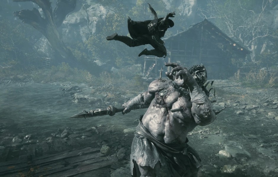 Soul leaping over a huge brute holding a spear in Phantom Blade Zero