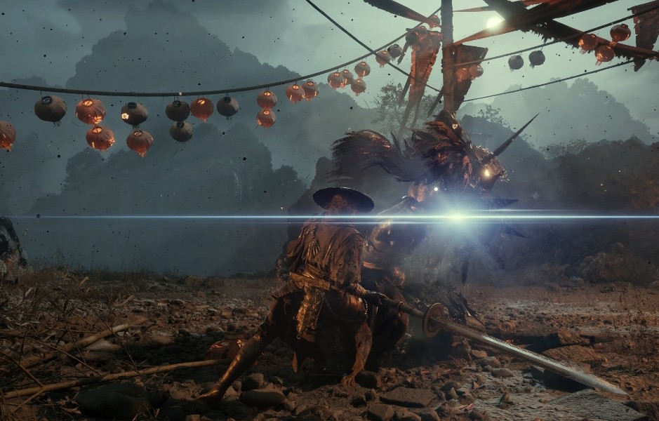 A sword clash in a camp under red lanterns in Phantom Blade Zero