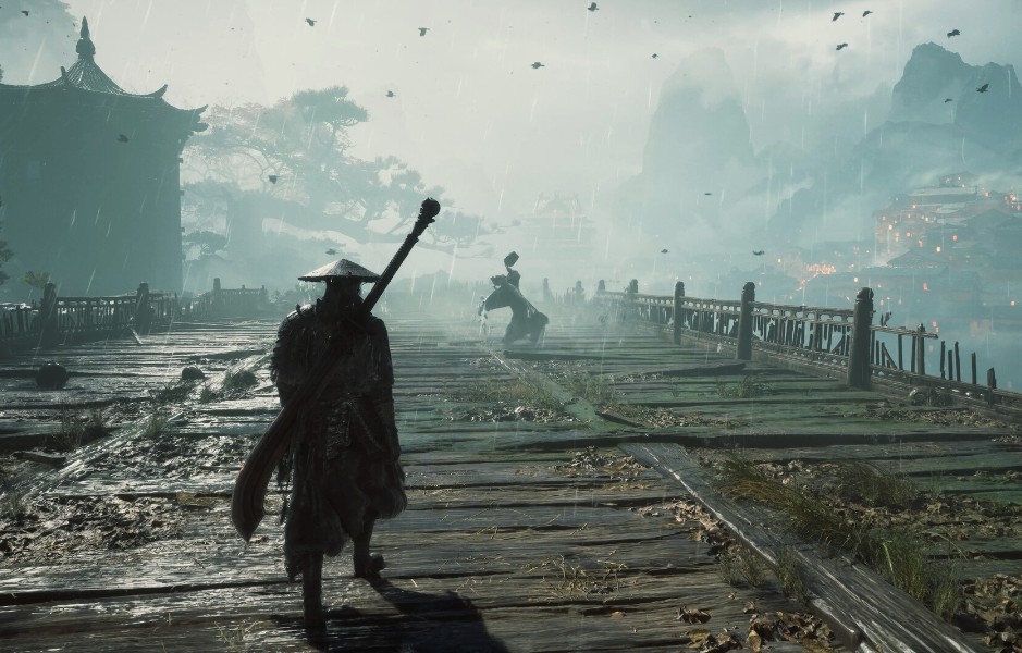 Soul in a straw hat walking across a rainy wooden bridge toward an enemy in Phantom Blade Zero