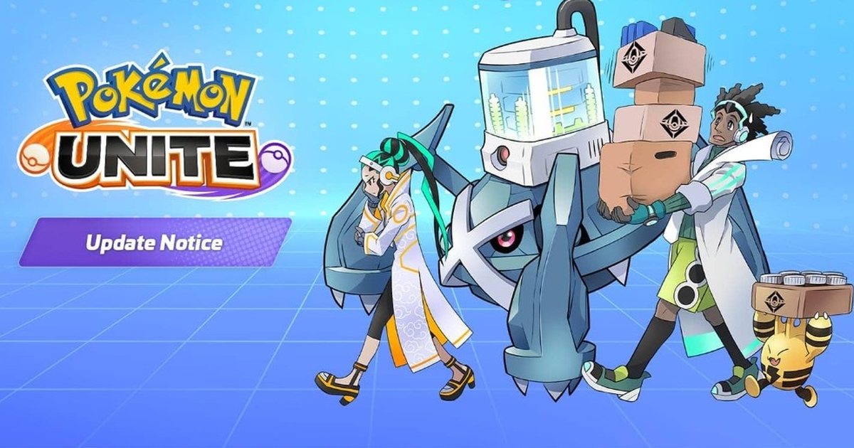 Pokémon UNITE update notice art with two trainers carrying boxes beside a Pokémon