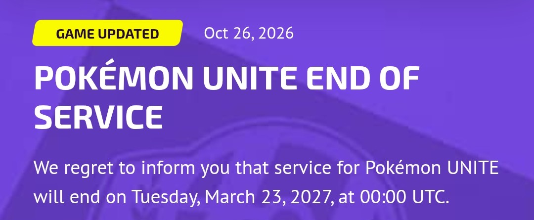 Official notice: Pokémon UNITE end of service on Tuesday, March 23, 2027 at 00:00 UTC