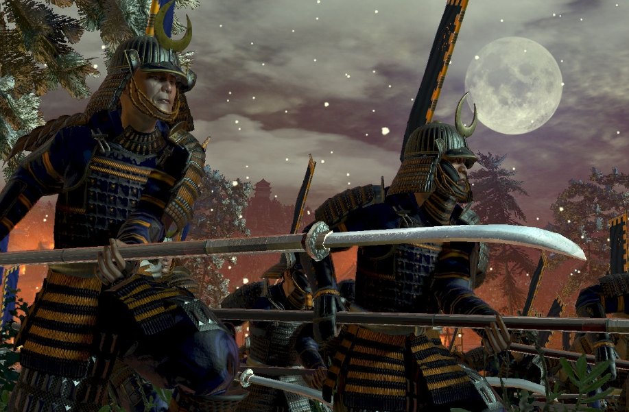 Armoured samurai with naginata marching at night under a full moon