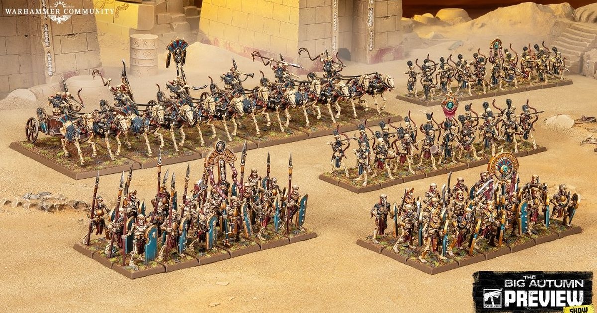 The full Tomb Kings Host of Nehekhara army: Skeleton Warriors, Archers and Chariots in a desert