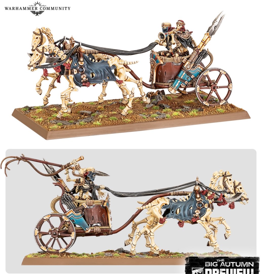 A single painted Tomb Kings Skeleton Chariot with skeletal horses and a horn-blowing crew