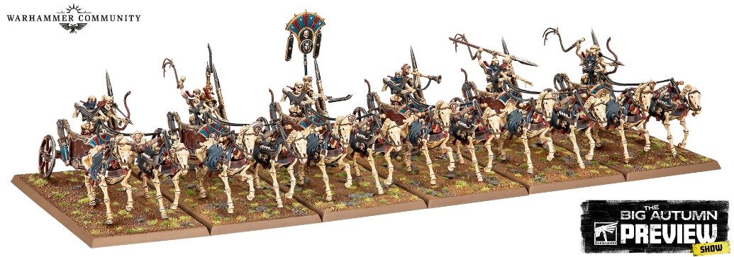 Six painted Tomb Kings Skeleton Chariots in a line