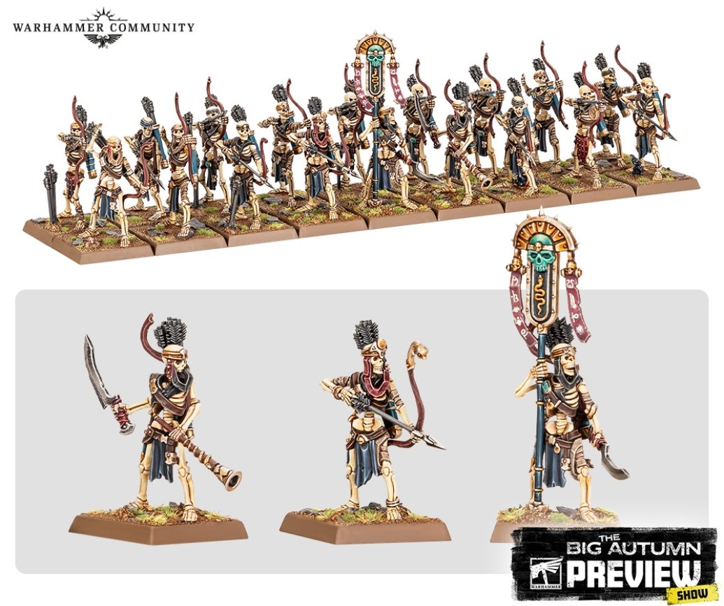 A painted unit of Tomb Kings Skeleton Archers with bows and a skull standard