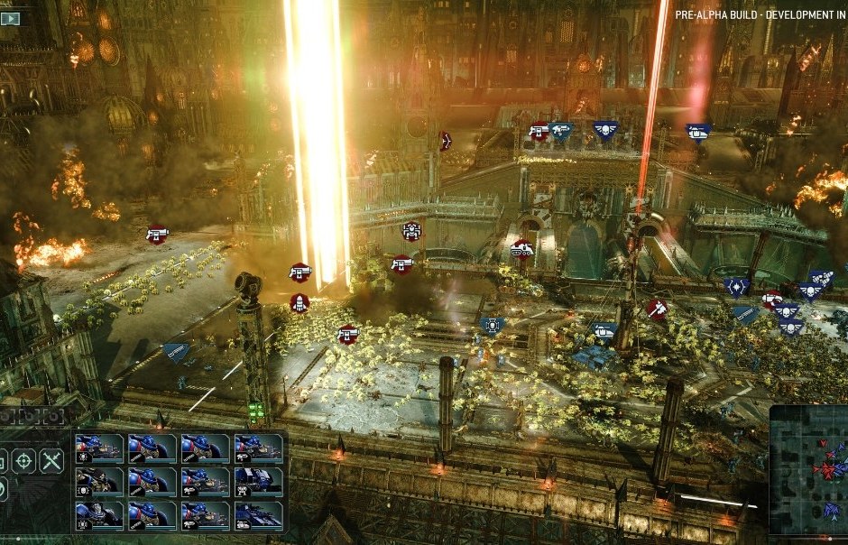 A huge battle in a gothic city, with orbital strike beams hitting a horde of Orks