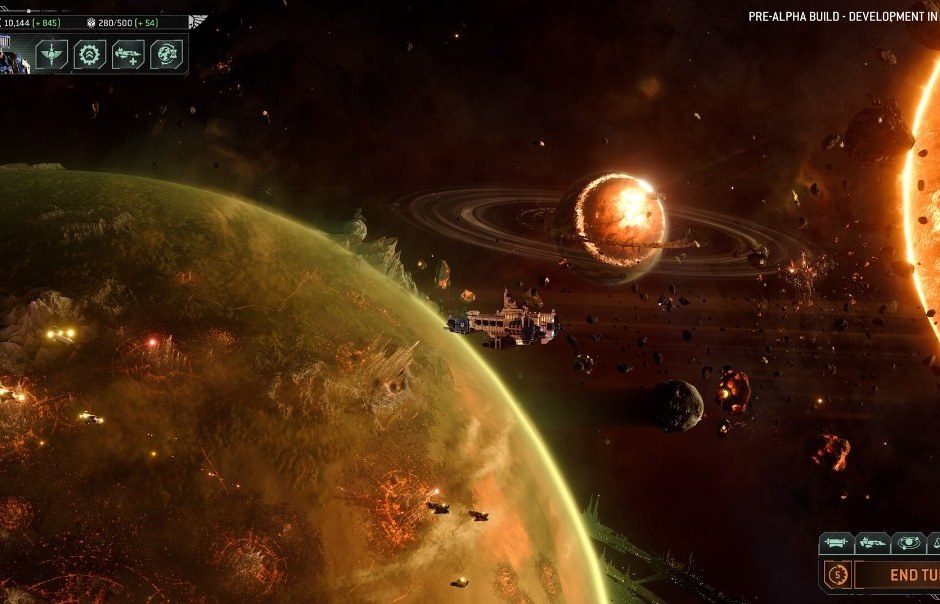 The galactic campaign map, with a fleet between planets and an asteroid field