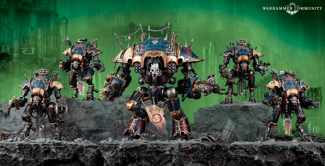 Chaos Knights Battleforce: a Knight Ruinator with four War Dog Stalkers