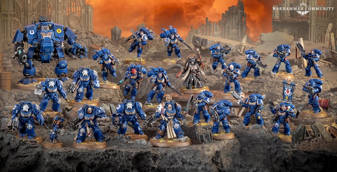Space Marines Battleforce: a Redemptor Dreadnought, Terminators, Assault Intercessors and Intercessors in blue armour