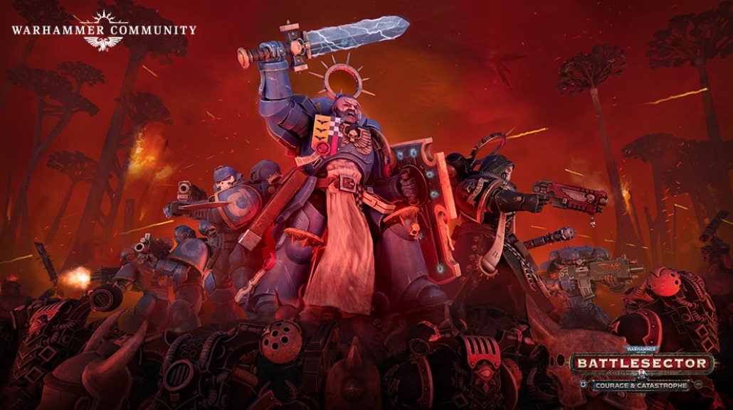 Ultramarines led by a captain with a raised power sword in Warhammer 40,000: Battlesector key art