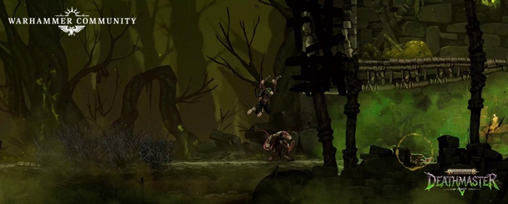 Vihneek leaping through a ruined green-lit forest in Warhammer Age of Sigmar: Deathmaster