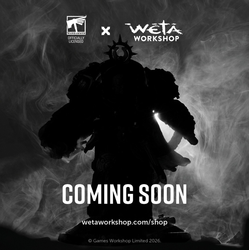 A black silhouette of an armoured Warhammer 40,000 warrior with a halo behind his head, with the text Coming Soon, Wētā Workshop