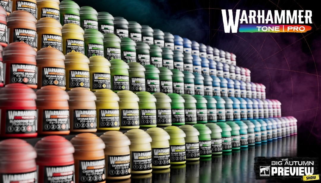 Rows of Warhammer Tone Pro paint pots in a rainbow of colours
