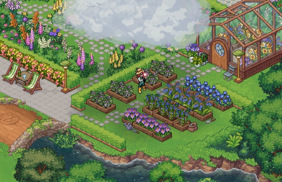 A character tending flower beds next to a greenhouse in Witchbrook