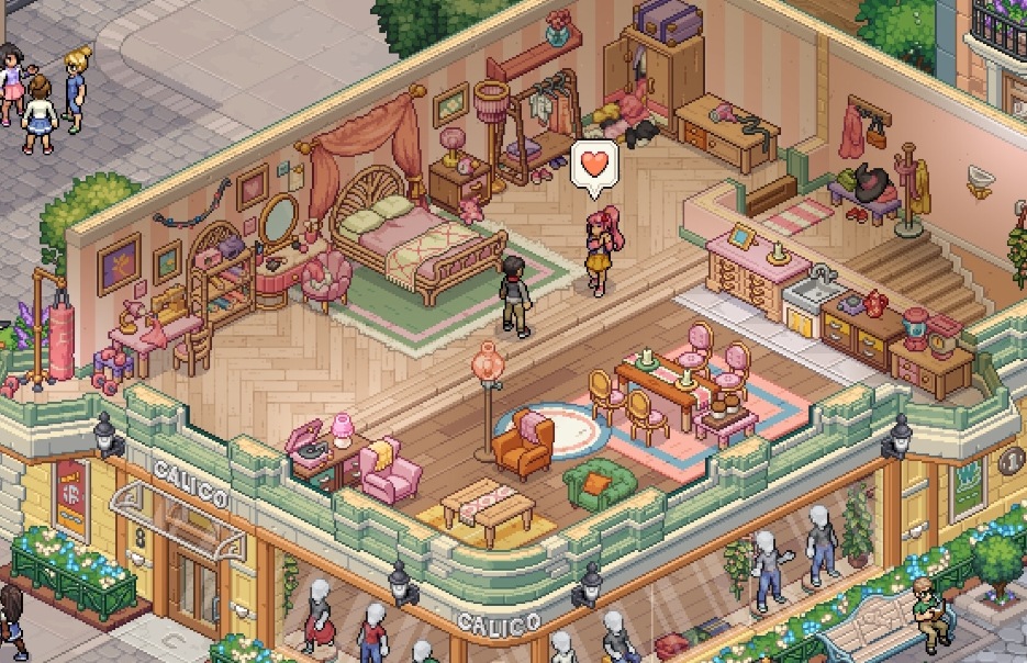A decorated home above a shop in a pixel-art town in Witchbrook