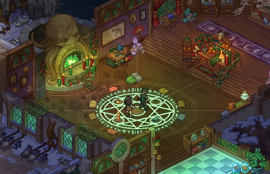 Two characters standing in a glowing magic circle inside a cozy witch room in Witchbrook