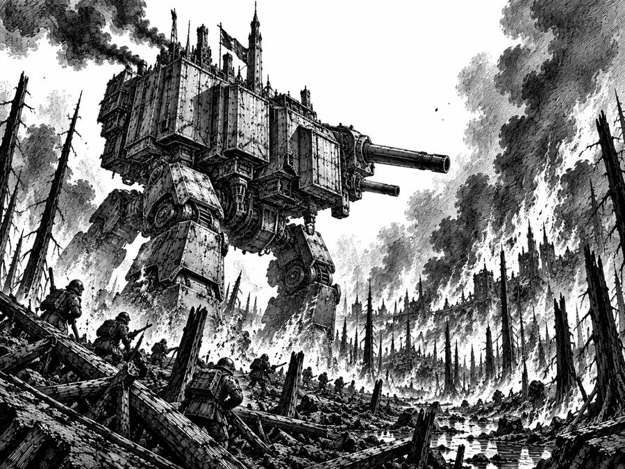 Black and white ink illustration of a war-torn battlefield from a campaign divider page