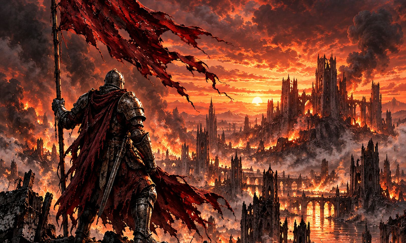 Crusade Journal: an armoured warrior with a torn banner above a burning city
