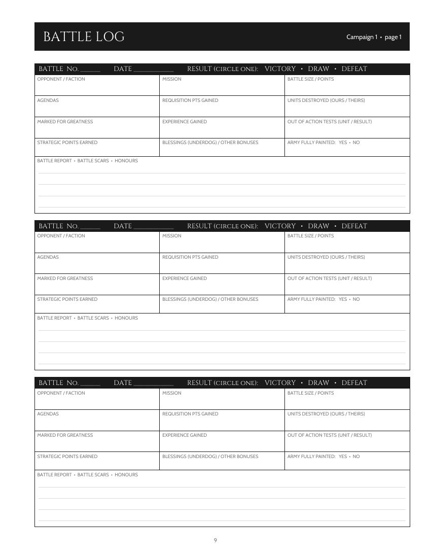 Battle log page with three battles: opponent, mission, result, experience and agendas