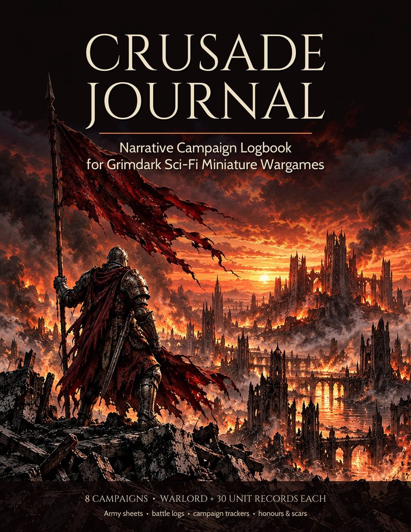Crusade Journal cover: an armoured warrior with a torn banner overlooking a burning city