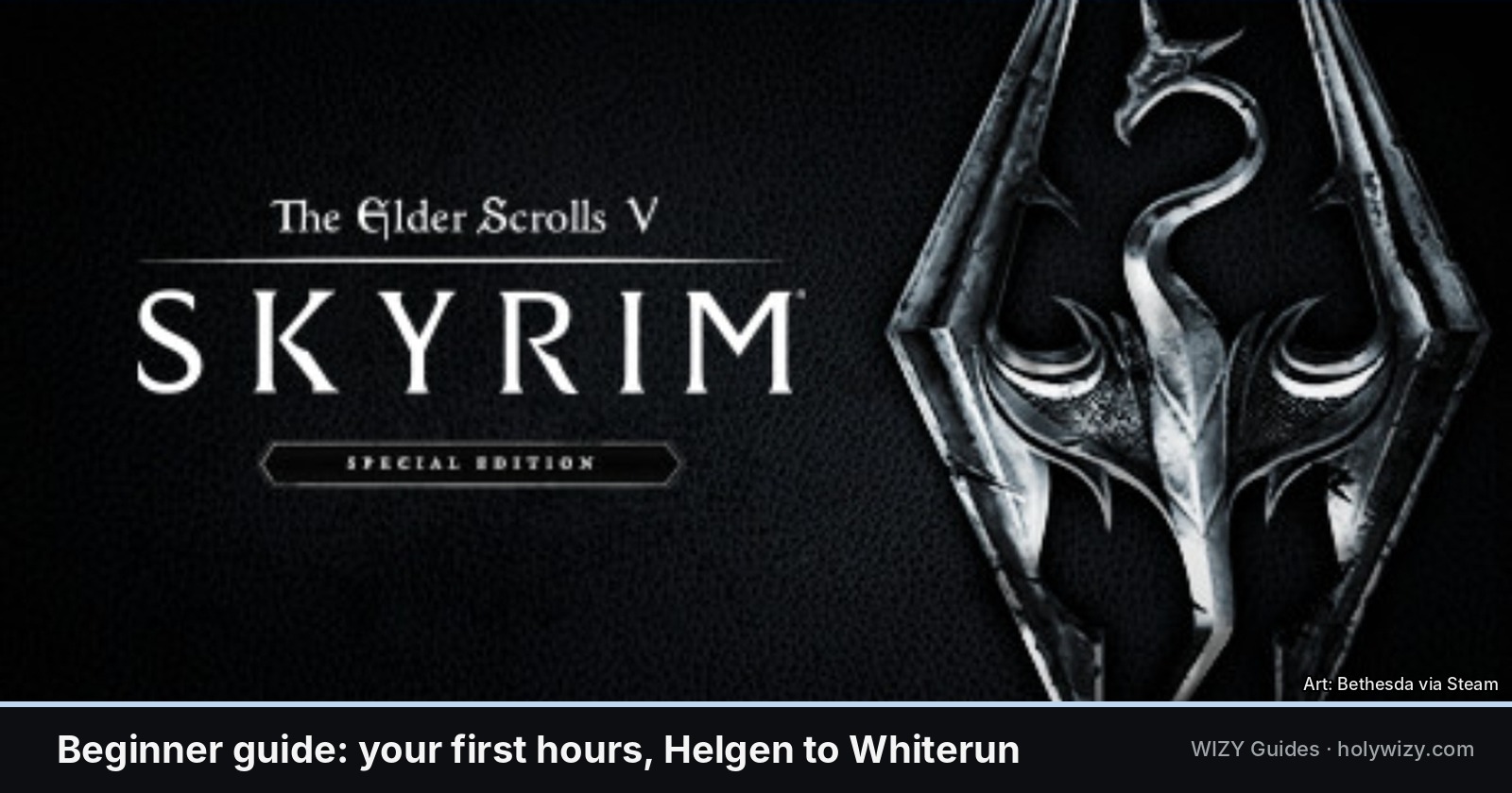 Skyrim Special Edition official Steam artwork with the dragon emblem, above the guide title