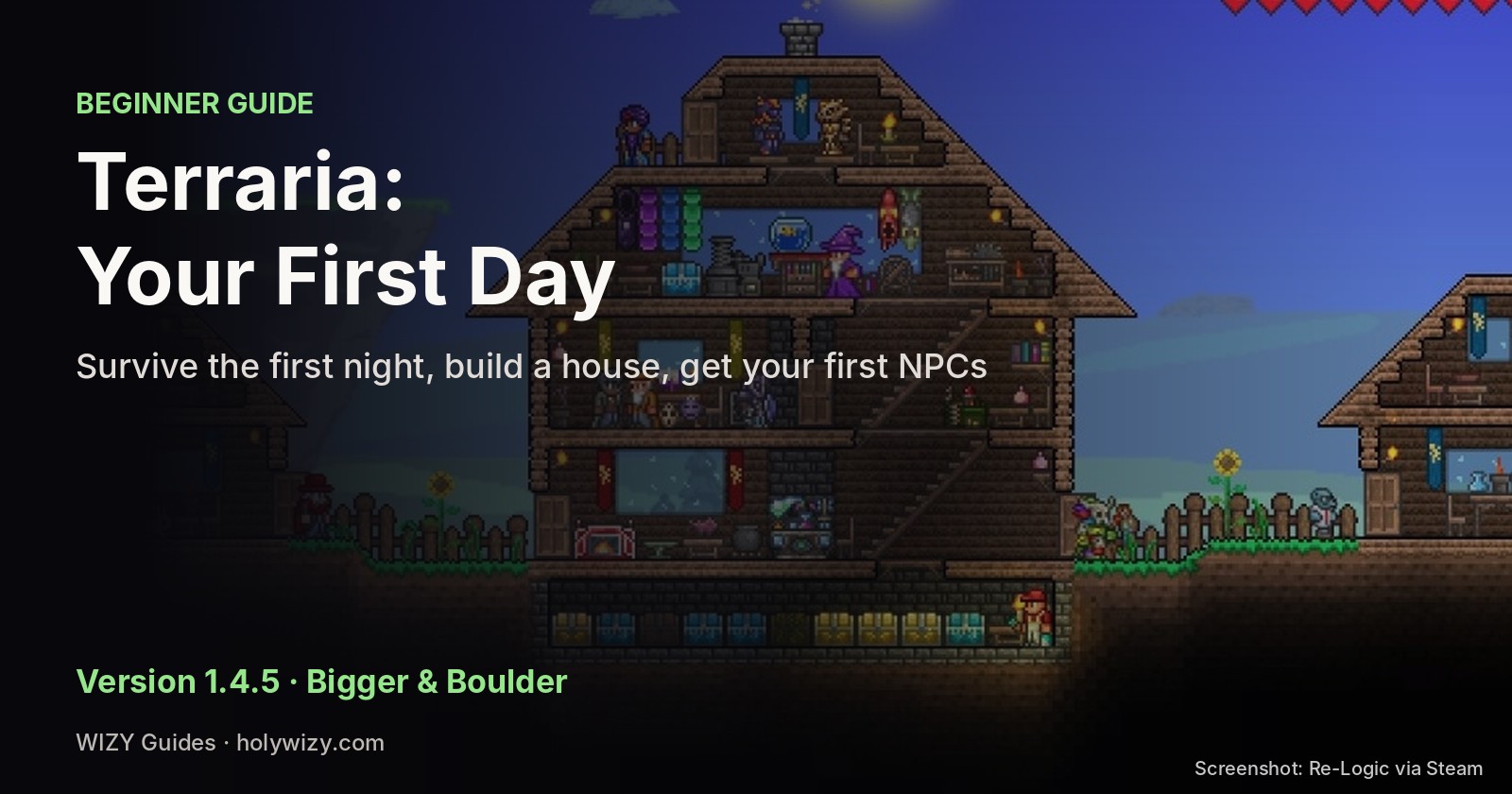 Terraria beginner guide cover over a screenshot of a large wooden NPC town