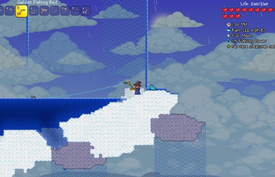 A Terraria player fishing from a floating sky island in the rain