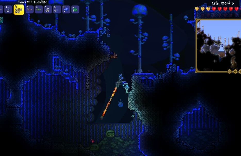 A Terraria player exploring a glowing blue mushroom cave underground