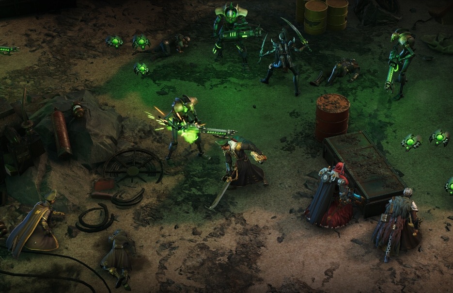 Rogue Trader turn-based combat with the party taking cover against Necrons