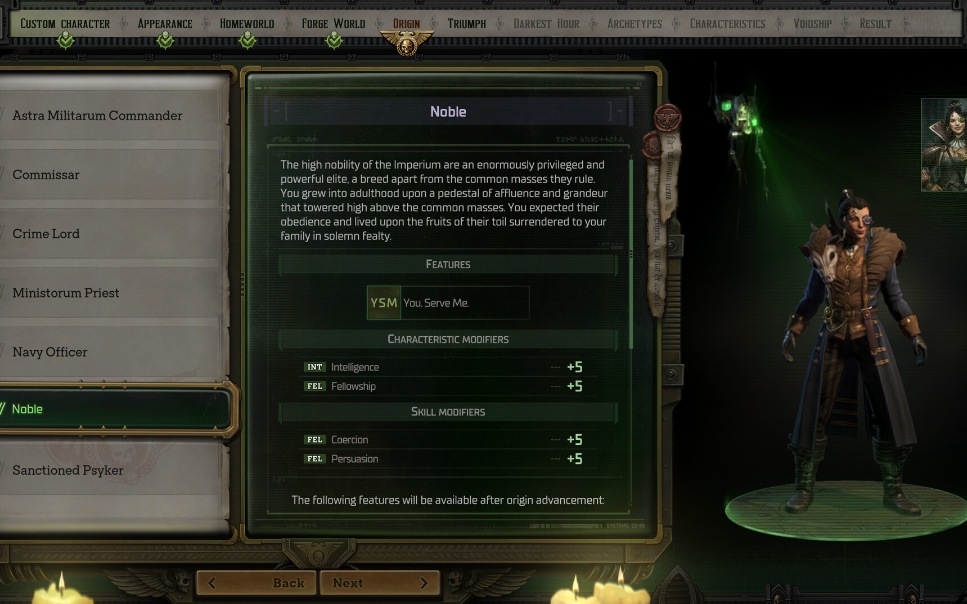 Rogue Trader character creation Origin screen with Astra Militarum Commander, Commissar, Crime Lord, Ministorum Priest, Navy Officer, Noble and Sanctioned Psyker