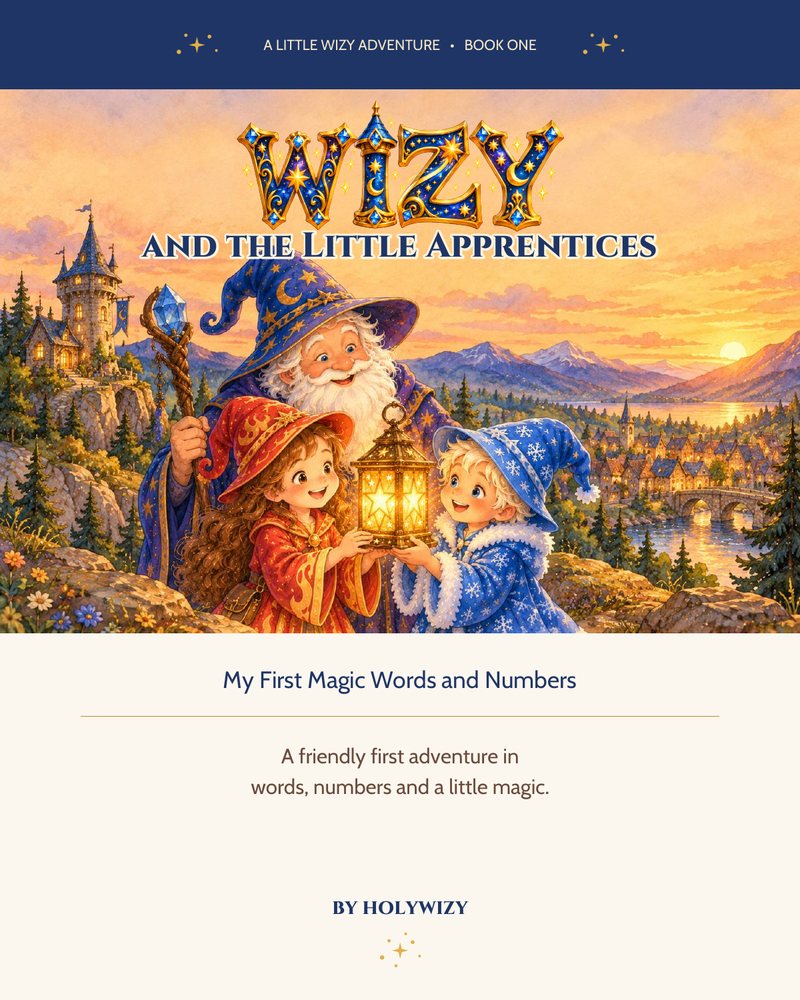 Cover of WIZY and the Little Apprentices: a kind old wizard with two little apprentices holding a glowing star lantern at sunset