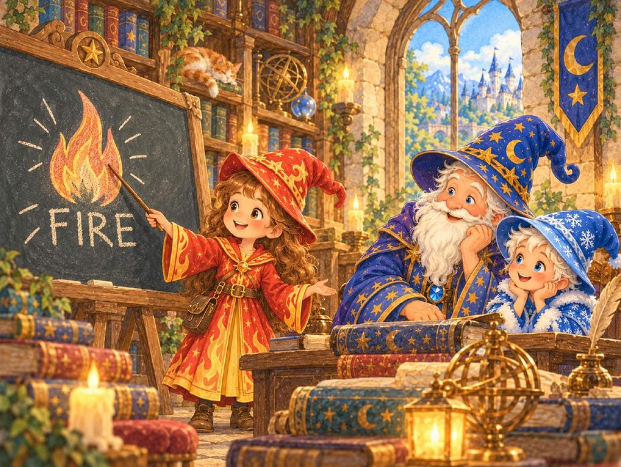 Page 8: Lumi reads her first magic word, FIRE, on the chalkboard