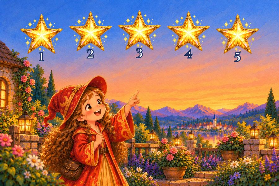 Page 17: Lumi counts five golden stars in the evening sky